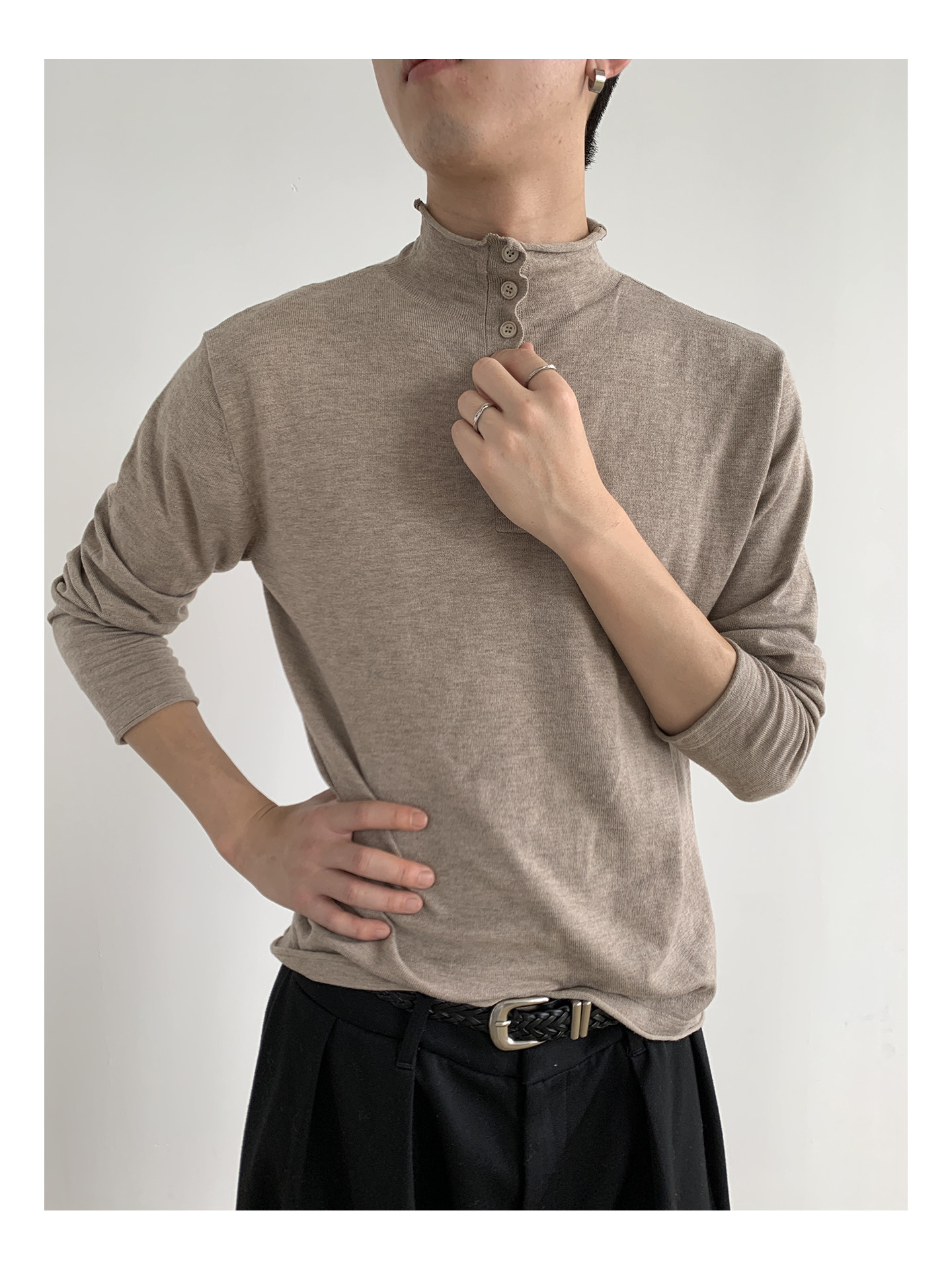 MION Wool-Blend Mock Neck Henley Tee