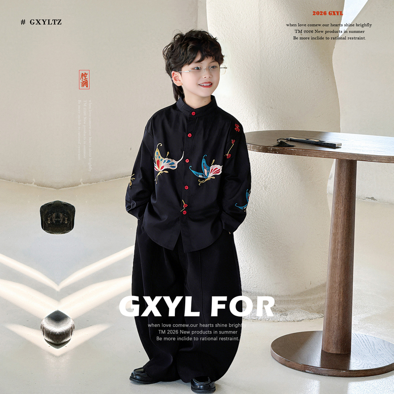 New Chinese-Style Embroidered Boys' Shirt 2026 New Children's Long-Sleeve Shirt for Boys, Trendy, Cool, Gentleman-Like, Handsome and Versatile