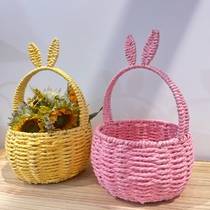 Spring pink and yellow woven small basket childrens photo taking basket baby full moon wine companion gift basket flower arrangement basket