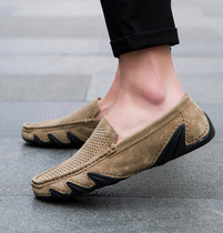 2022 summer new bean-bean shoes men genuine leather breathable hollowed-out sloth shoes Han version casual shoes Summer mens shoes