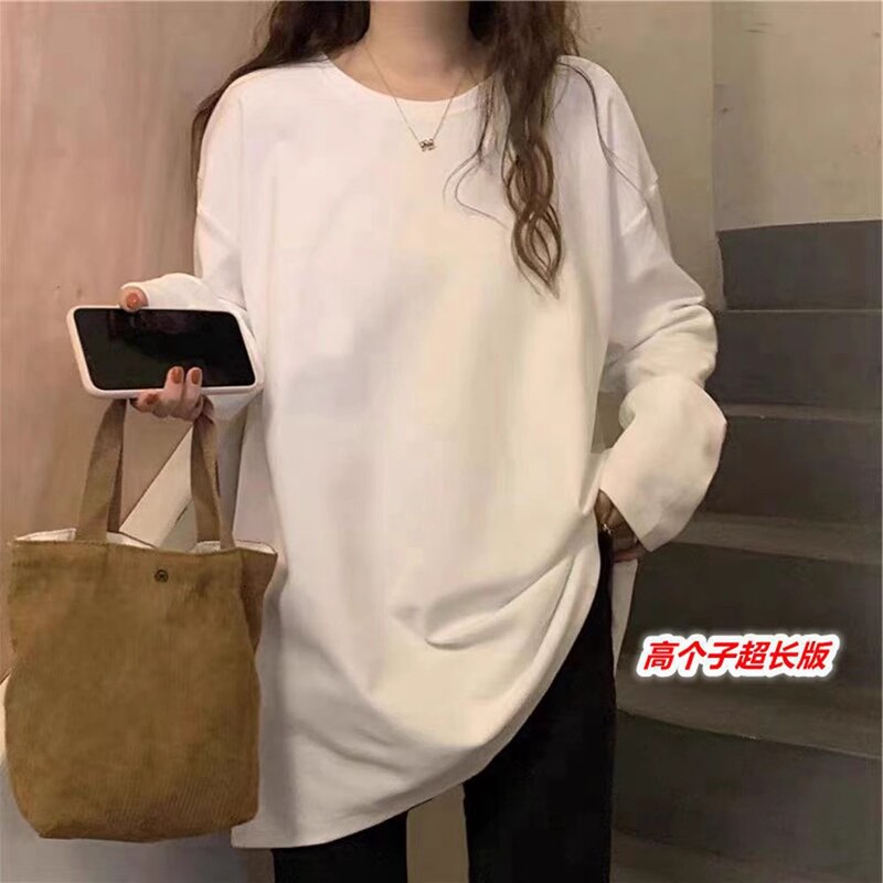 Tall Girls' Loose-Fitting Base Shirt, Mid-Length White T-Shirt for Women, Autumn and Winter Loose-Fitting Top That Covers the Buttocks
