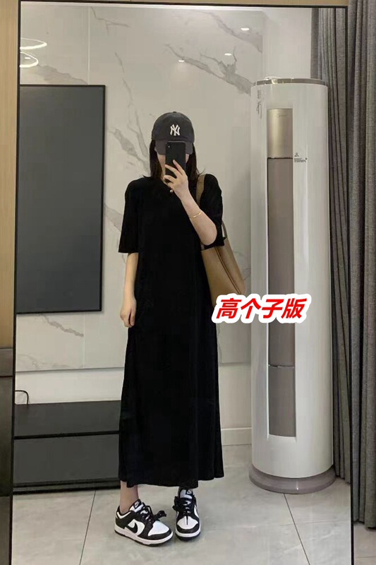 Long Black Round-Neck Short-Sleeve Dress for Tall Women, Spring/Summer, Size 175, Loose Casual Slimming Ankle-Length Dress
