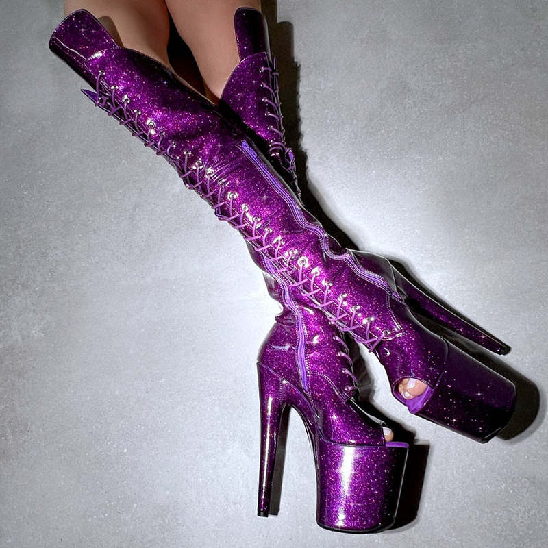 18cm 20cm Pole Dancing High-Heeled Over-The-Knee Boots Stage Performance Model Catwalk Pearlescent Purple Long Boots