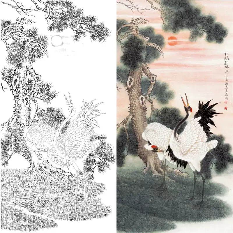 工笔国画松树仙鹤图四尺六尺白鹤白描线描画稿