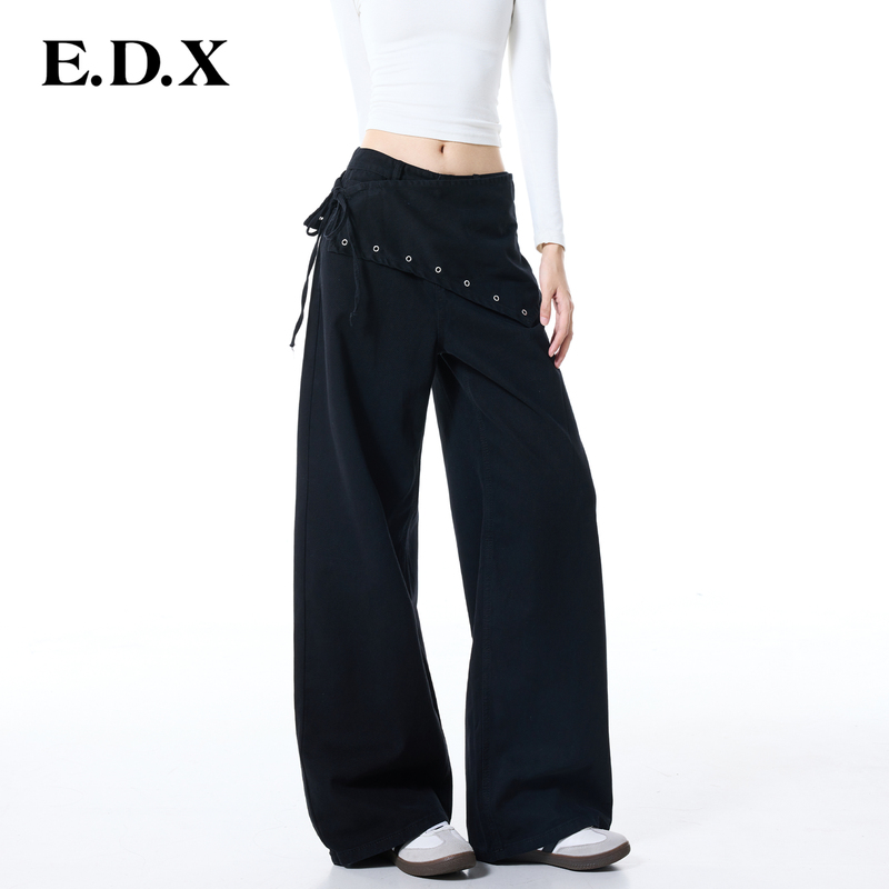 Edx American-Style High Street Cargo Pants for Women, 2026 Autumn New Model, Metal Eyelet Tie Wide-Leg Casual Long Pants, Faux Two-Piece