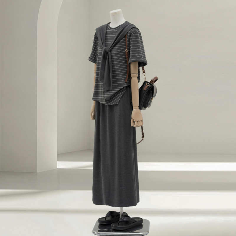 Dark Gray Casual Suit Skirt for Women 2026 Summer New Style Preppy Style Age-Reducing Striped T-Shirt and Skirt Two-Piece Set Dark Gray Casual Suit Skirt for Women 2026 Summer New Style Preppy Style Age-Reducing Striped T-Shirt and Skirt Two-Piece Set