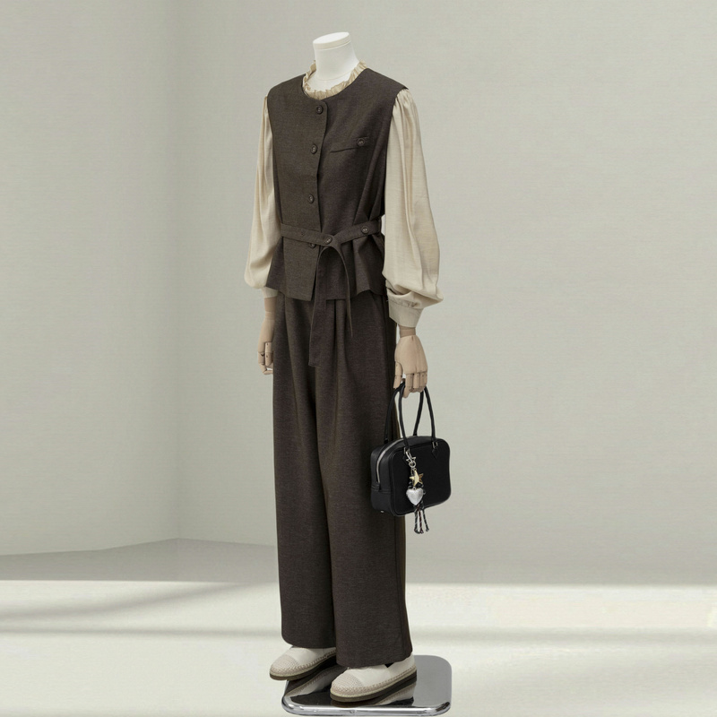 Brown High-End Elegant Suit Pants for Women 2026 Autumn New Style Light Mature Style Vest Shirt Wide-Leg Pants Three-Piece Set