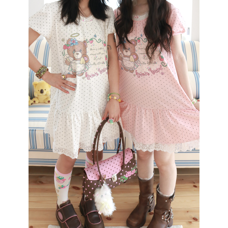 Happy Guesthouse Original Bear Strawberry Print Lace Polka Dot Short Sleeve Loose Dress T-Shirt Dress Two Colors Happy Guesthouse Original Bear Strawberry Print Lace Polka Dot Short Sleeve Loose Dress T-Shirt Dress Two Colors