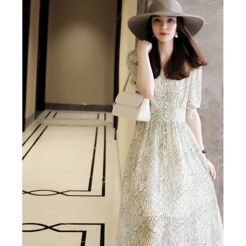 ROUJE POWER FAN-STYLE FOREIGN DRESS 2022 Summer new advanced sensation bronzed willow leaf V collar printed dress