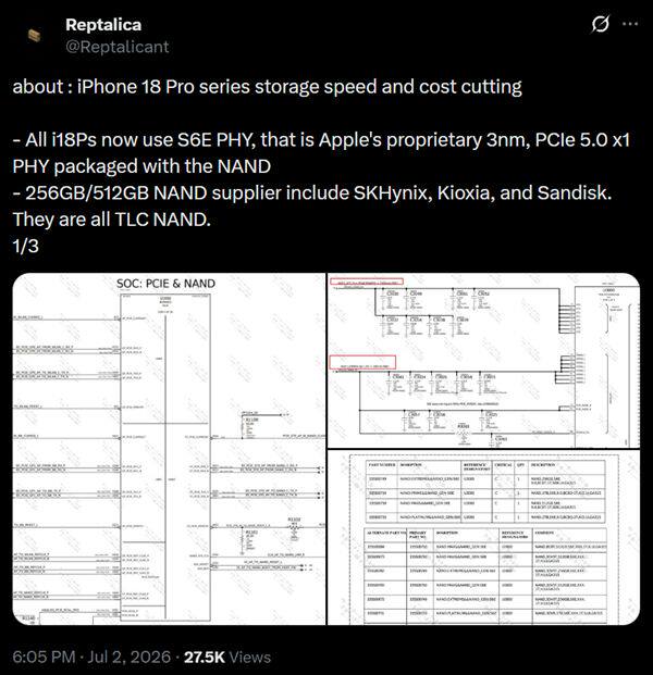 iPhone 18 Pro被曝混用TLC和QLC闪存