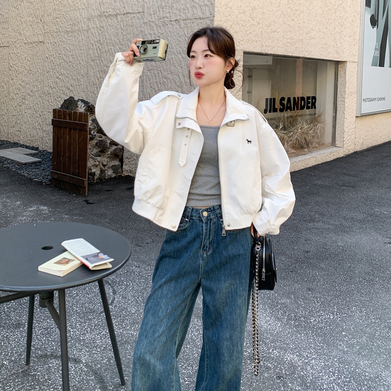 Korean-Style Minimalist High-End Embroidered Stand-Collar Short Jacket for Women, Spring 2026 Versatile White Jacket for Petite Figures