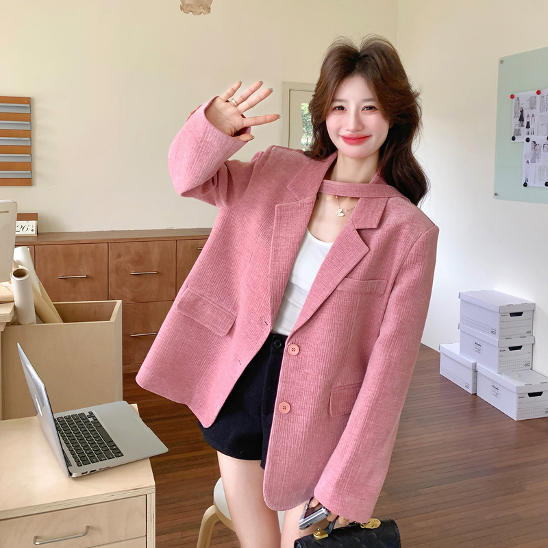 Pink High-End Korean-Style Blazer 2026 Spring New Double-Breasted Petite Design Suit Jacket