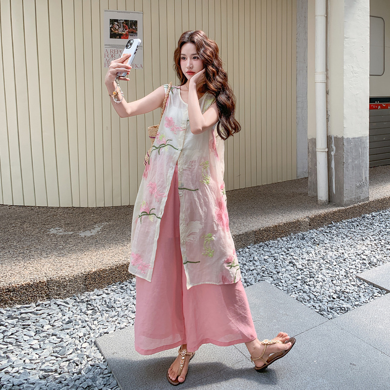 New Chinese-Style National Print Blouse Dress and Pants Set for Women, Summer 2026, Unique, Beautiful and Exquisite Two-Piece Set