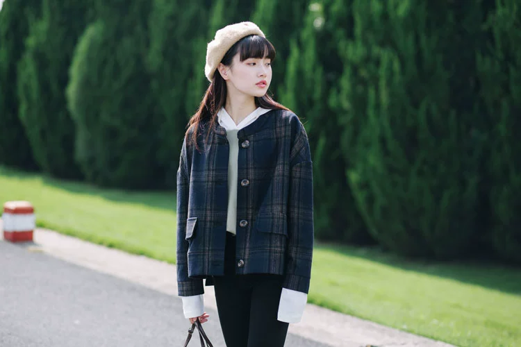 2018 mùa xuân văn học gió đại học tính khí ngọt ngào retro kẻ sọc Hàn Quốc phiên bản của hoang dã ngắn sinh viên áo len nữ áo jacket nữ