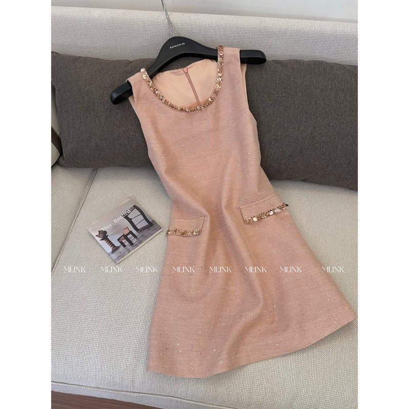 M Link Korean-Style Chanel-Inspired Sleeveless Dress for Women with Sequin Embroidery, High-End Socialite Style Gown Tank Dress