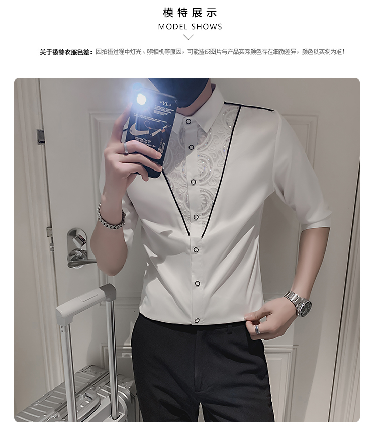 Description Picture 5 of itemSpring Summer New Half Sleeve Lace Dress Shirt Men Tuxedo Shirts For Men Clothing 2022 Slim Fit Casual Blouse Homme Streetwear
