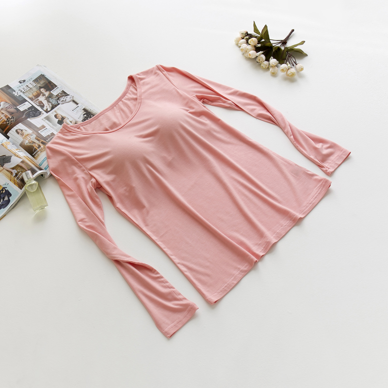 Model with bra cup long sleeve T-shirt bra cup one yoga woman home pajamas beating in steel-free ring