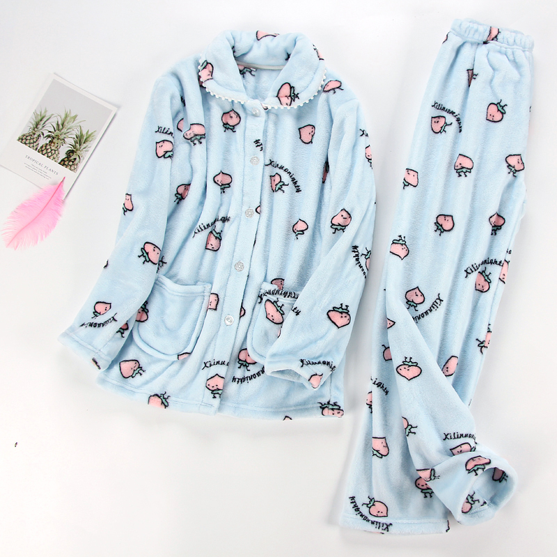 Mùa thu và mùa đông san hô nhung đồ ngủ nữ phục vụ nhà phù hợp với nhung dày phần ấm flannel cardigan tay áo dài kích thước lớn bộ pijama lụa
