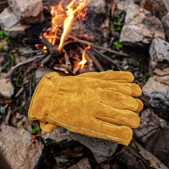 Savage bushcraft outdoor cowhide gloves retro yellow anti-scalding and fire-proof camping wear-resistant cycling gloves