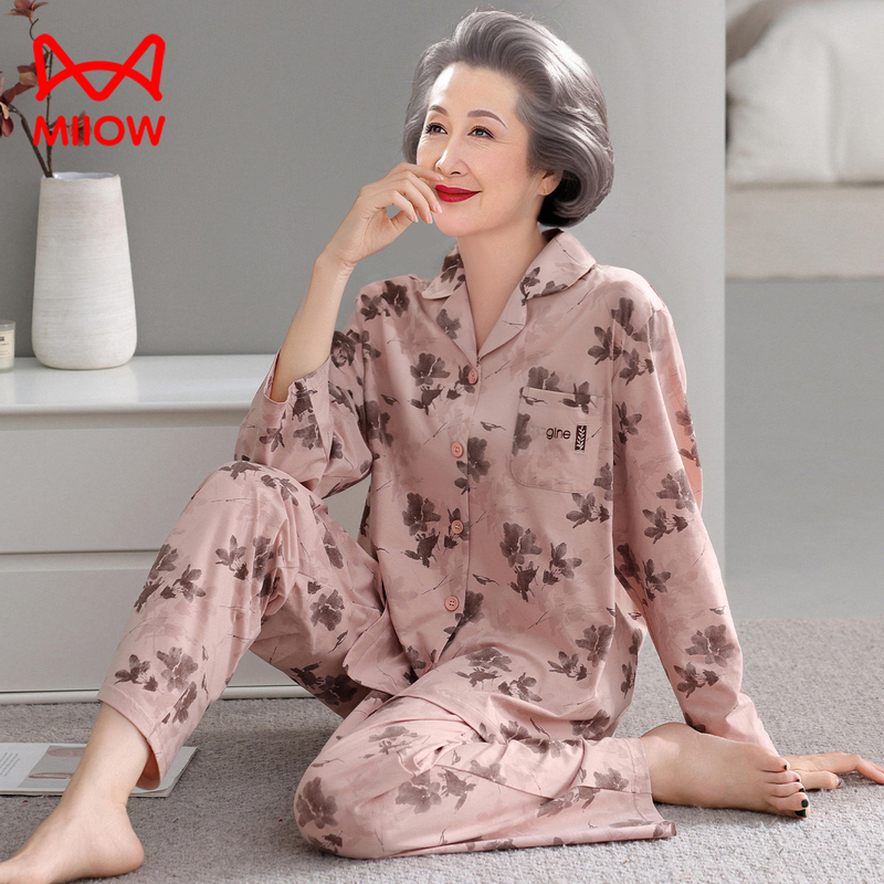Cat-Themed Middle-Aged Mother's Pajamas for Women, Spring and Autumn, Pure Cotton, Long-Sleeved, for 50-60-70 Year Old Elderly Grandmothers and Mothers-In-Law, Plus-Size Loungewear