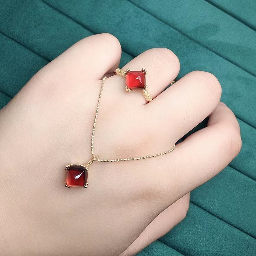 Natural Fanta stone pendant ring square 8 925 silver finely inlaid natural colored gemstone jewelry