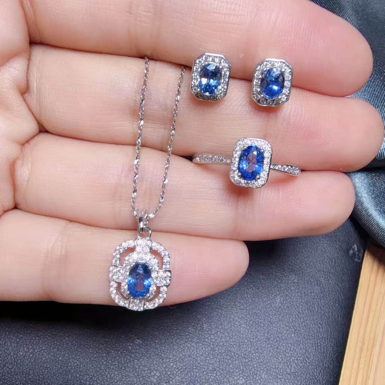 Natural Cornflower Sapphire 925 Silver Jewelry Set