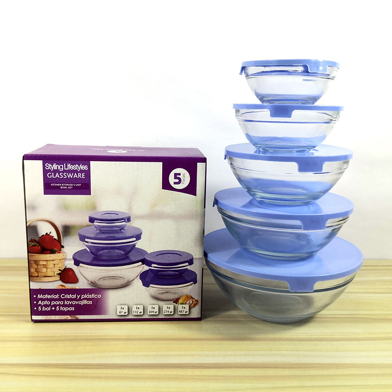 Five-Piece Set of Fresh-Keeping Bowls with Lids, Glass Fresh-Keeping Bowl Lunch Box Set, Household Fruit Lunch Box, Multi-Purpose Lunch Box