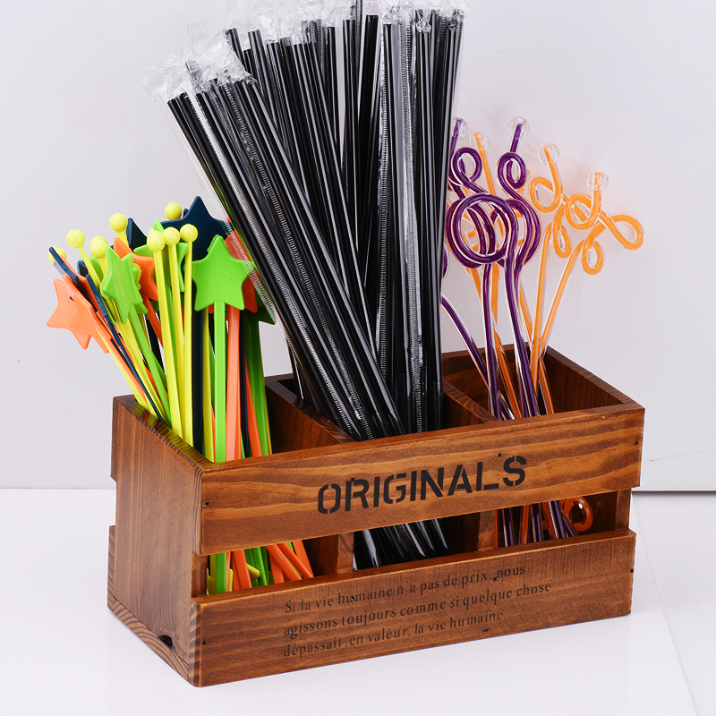 Retro Solid Wood Straw Box Wooden Drink Milk Tea Straw Containing Box Bar Café Stir Stick Box