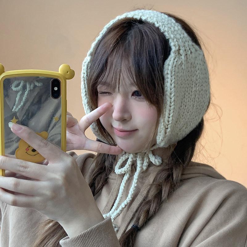 Handmade Patch Knitted Wool Wire Ear Hood Female Autumn Winter Beige 100 Lap Strap Ear Cover Warm Ear Covering student-Taobao