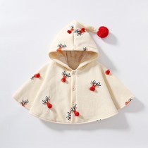 Japanese baby cloak autumn and winter new cartoon Christmas elk plus velvet warm and thickened outing coat childrens cloak