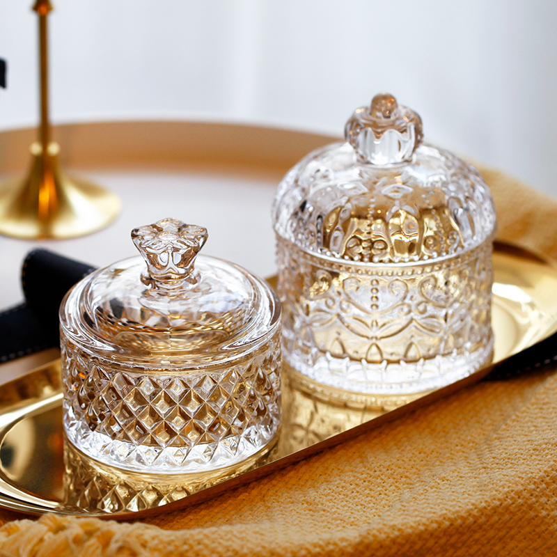 Mino Crystal Roman Glass Jar Delicate Embossed Small Candy Jar Wedding Festive Makeup Jewelry Storage Tan