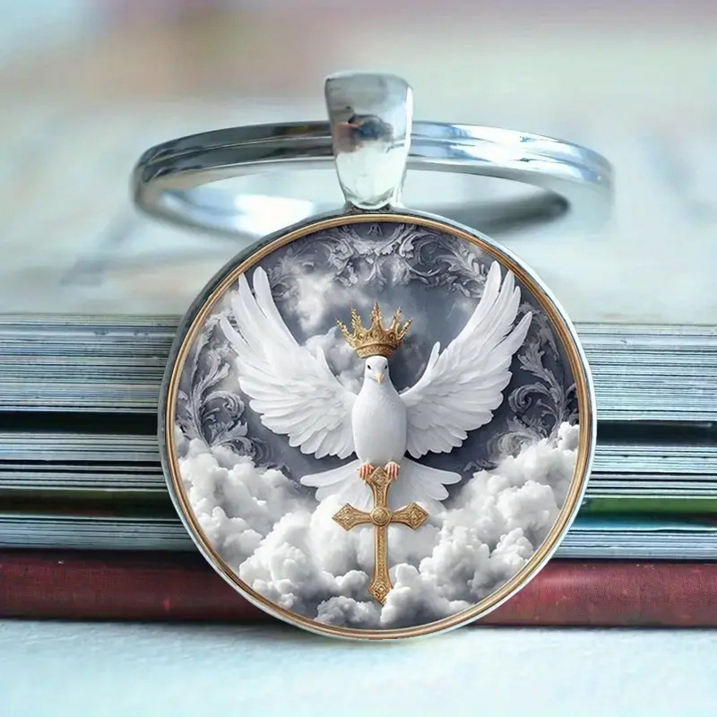 Cross-Border New Style Fashionable White Dove and Cross Pattern Glass Alloy Pendant Keychain Ornament Gift