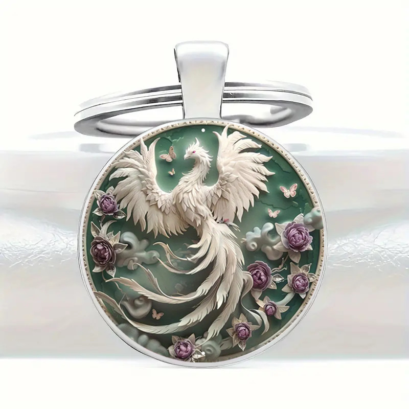 Cross-Border Hot-Selling Exquisite Keychain Exquisite and Elegant White Feather Phoenix Pattern Glass Pendant Keychain