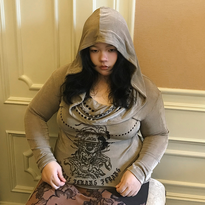 Onism Plus Wasteland Dunes Oversized Drop-Shoulder Totem Print Mercerized Long-Sleeve T-Shirt with Hooded Design