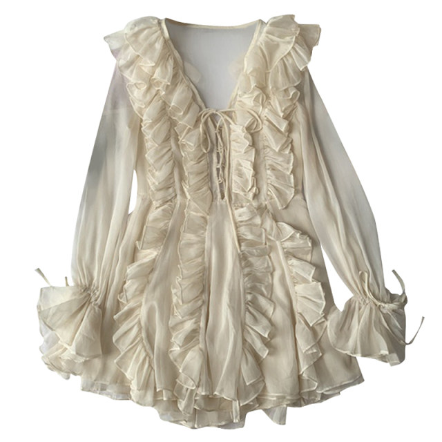 Chen Mimi Autumn and winter new French romantic fairy style very fairy ruffled V-neck flared sleeve chiffon dress