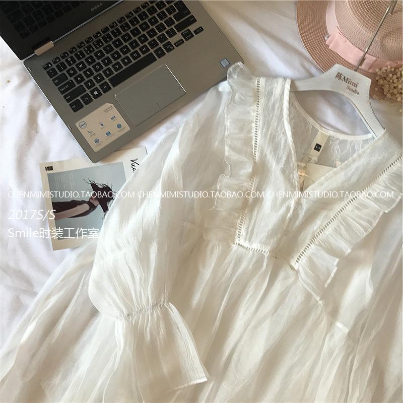 17 đầu mùa thu mới Pháp lãng mạn V-Cổ ren lá sen tay áo búp bê áo sơ mi xù lỏng áo sơ mi chiffon nữ áo nữ công sở