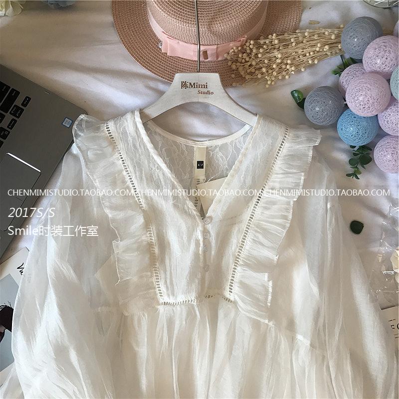 17 đầu mùa thu mới Pháp lãng mạn V-Cổ ren lá sen tay áo búp bê áo sơ mi xù lỏng áo sơ mi chiffon nữ áo nữ công sở
