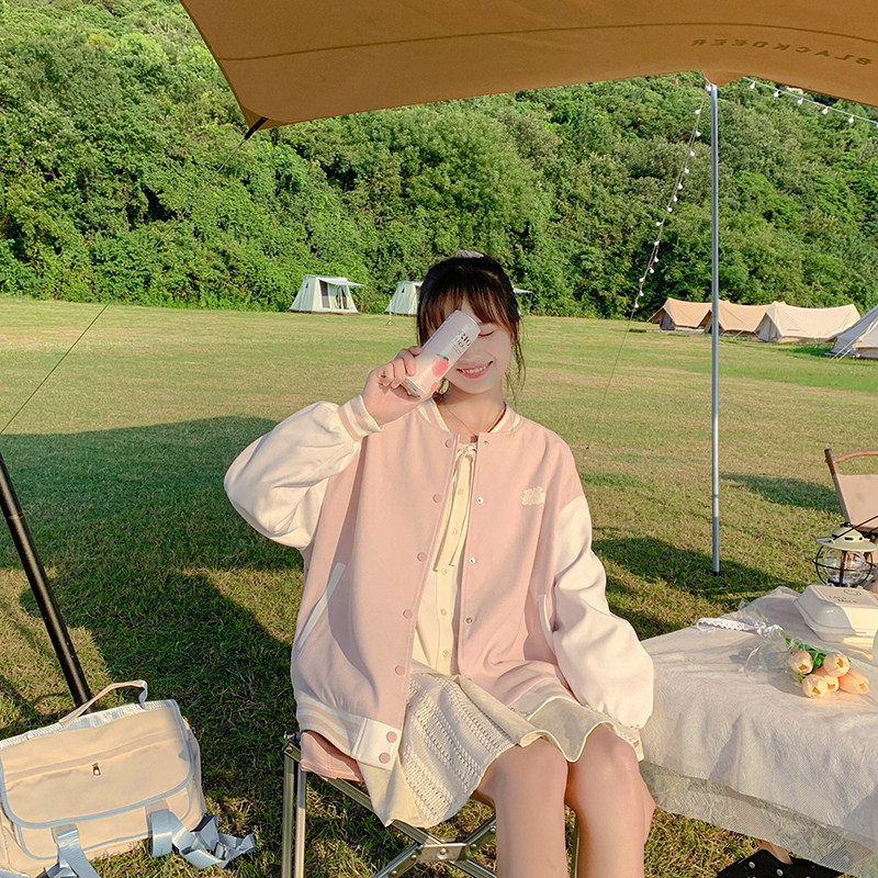 Commoner sauce original peach love stitching college style pink baseball uniform short loose autumn jacket women's new style