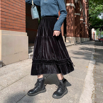 Cloth sauce original Joker velvet wood ear stitching lace-up umbrella skirt skirt half-length dress 2021 New