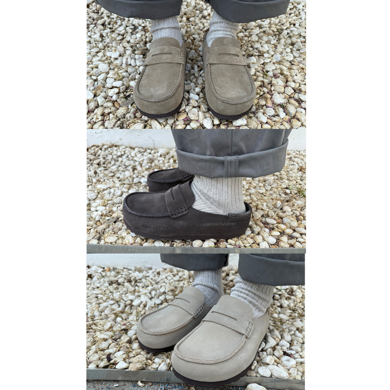 Lazy Old Money Style Handmade Stitched Suede Cork Sole Slip-On Mules Half-Covered Birkenstock Loafers
