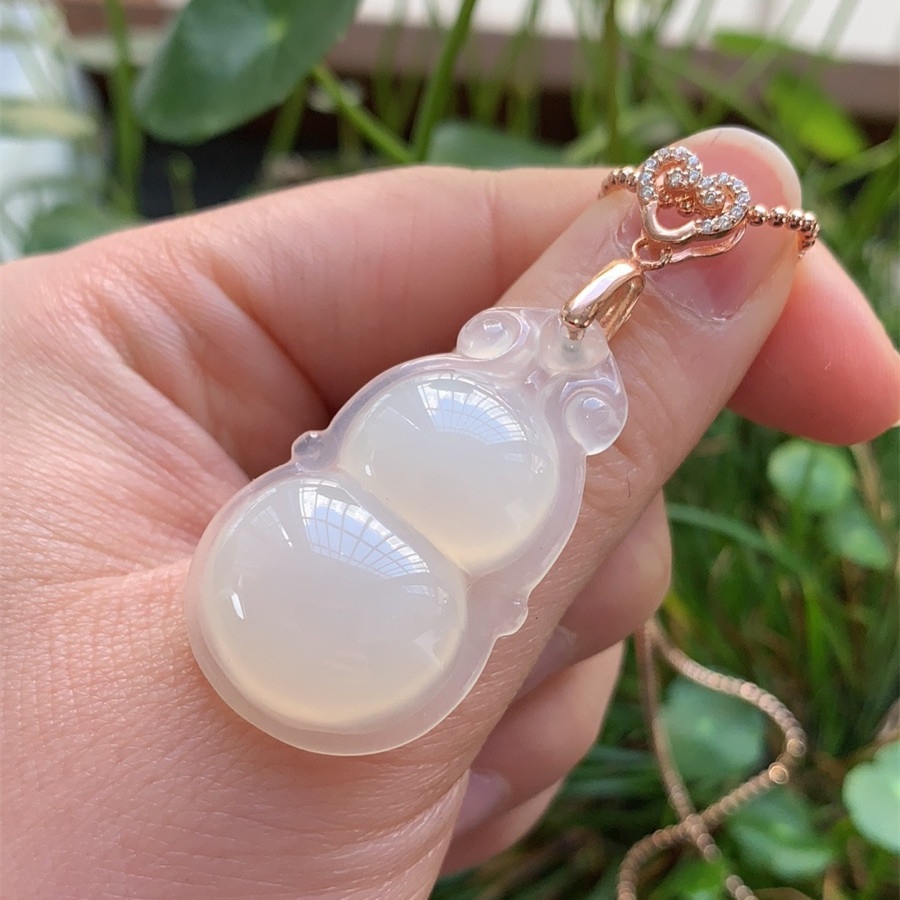 Yang Yujia Yunnan Longling Natural Huanglong jade Ice White Old stock Gourd Pendant Lock Bone Chain 925 Silver Necklace Certificate