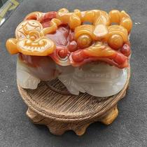 Yang Yujias natural yellow dragon jade fortune longevity and longevity three-color carved overlord Pixiu hand-held ornament certificate base new product