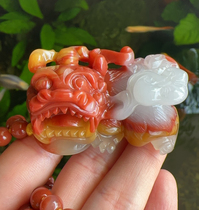 Yang Yujia natural yellow dragon jade fortune longevity yin and yang eyes ears feet overlord Pixiu hand toy pendant certificate three colors