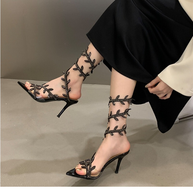 2026 Spring and Summer New European and American Style Rhinestone Leaf-Shaped Thin-Heeled High Heels, Snake-Shaped Winding Strap Sandals and Boots
