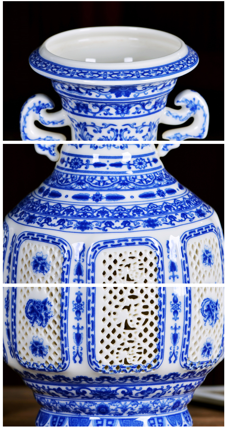 Jingdezhen ceramics creative hollow out the ear vase of new Chinese style household porcelain of flower arrangement sitting room adornment is placed