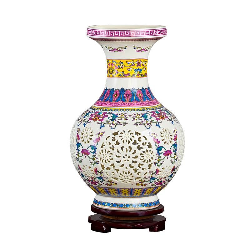 Jingdezhen blue and white ceramics powder enamel hollow - out the vase modern home flower arranging rich ancient frame sitting room adornment is placed