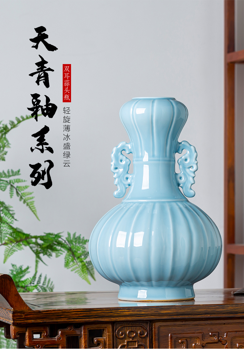 Jingdezhen ceramics azure glaze antique vase carved Chinese style restoring ancient ways home wine sitting room adornment is placed