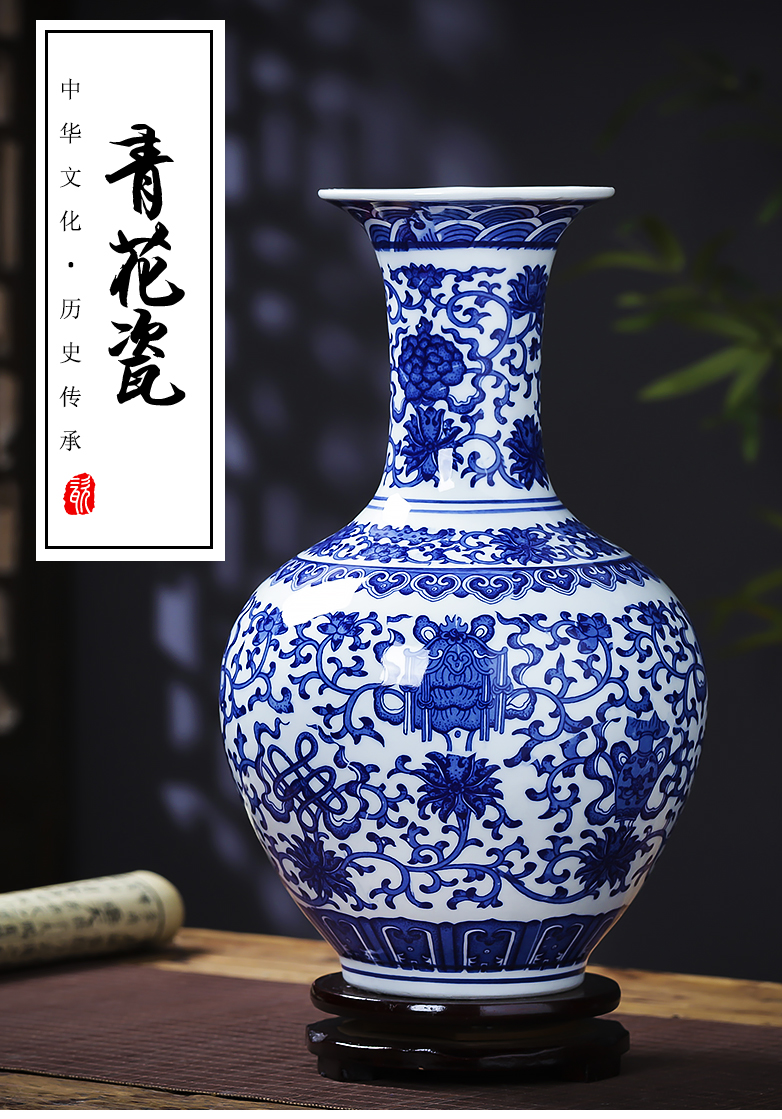 Jingdezhen ceramics antique blue and white porcelain vase flower arranging place of new Chinese style household living room TV cabinet decoration