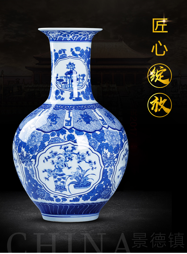 Large antique vase of blue and white porcelain of jingdezhen ceramics flower arranging furnishing articles sitting room of Chinese style household flower decorations