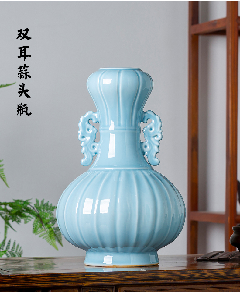 Jingdezhen ceramics azure glaze antique vase carved Chinese style restoring ancient ways home wine sitting room adornment is placed